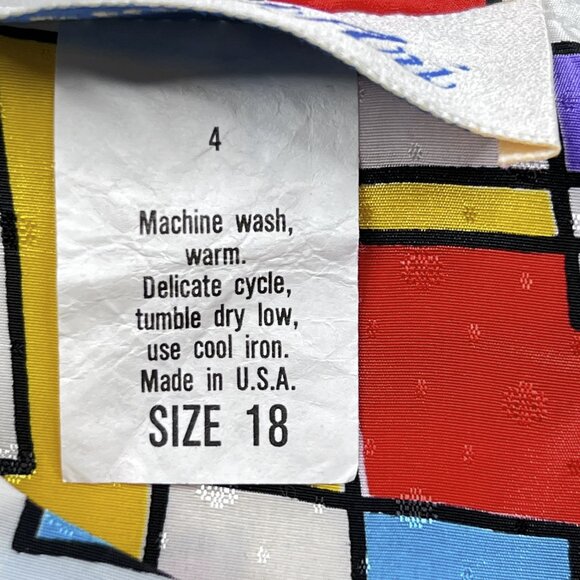 '80s Vintage Jordan Ari Iconic Bright Geometric Print Satin Dress Size 18 - Picture 12 of 12